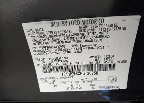 2016 Ford Taurus Limited z USA, uszkodzony, nr VIN 1FAHP2F8XGG130950